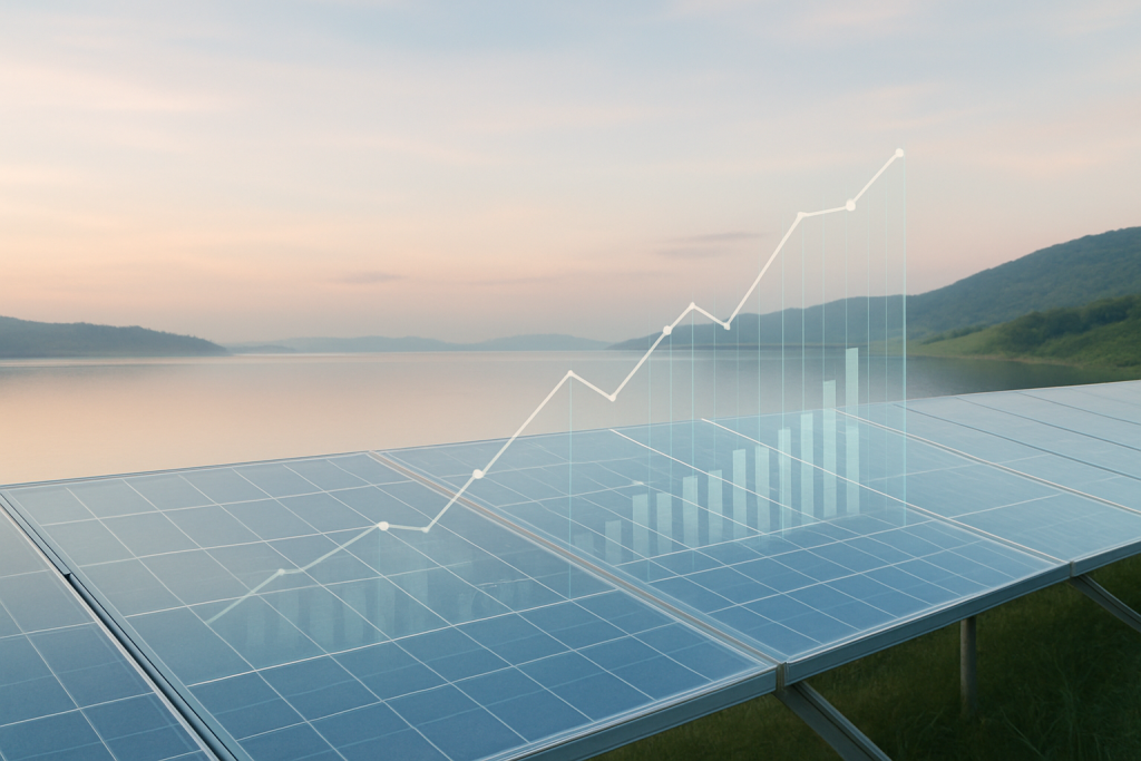 Gráfico financiero sobre paneles solares junto a un lago.